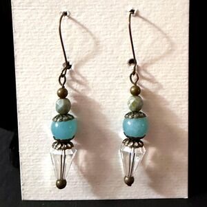 Blue Stone Crystal Drop Earrings Brass Boho Dangle Stephanie Aune Artist j3016